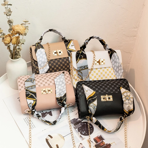 Women Small Crossbody Square Bag PU Leather With Satin Scarf Handle Chain Strap Vintage Print Twist Lock Shoulder Handbag