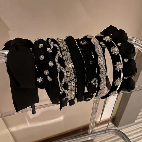 Women Black Velvet Satin Headband With Rhinestones Artificial Pearls Bow Retro Elegant Hair Hoop Accessories