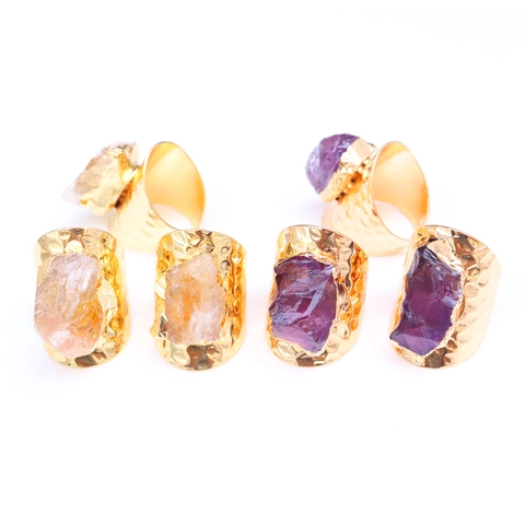 Anillo Cristal Amatista Citrino Natural Banda Ancha Dorada Martillada Piedra Bruta Irregular Boho Mujeres Hombres