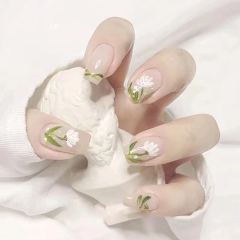 Künstliche Nägel Zum Aufkleben Lange Sargform Weißes Blumenmuster Grüne Blätter Durchscheinend Rosa Frischer Stil Für Damen