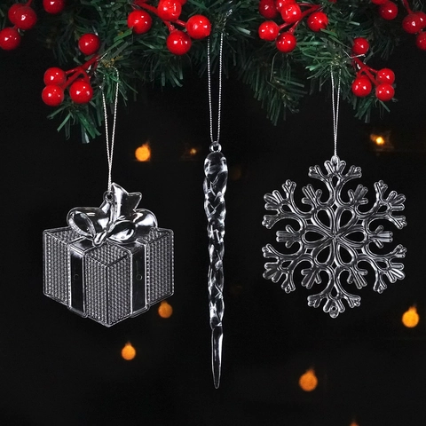 Décorations De Noël Suspendues Acrylique Cristal Transparent Flocon De Neige Boîte Cadeau Glaçon Arbre Fête