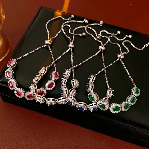 Luxury Oval Cubic Zirconia Bolo Bracelet Adjustable Copper Halo Vintage Jewelry For Women