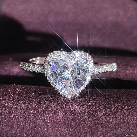 Elegant Heart Shaped Zircon Ring Copper Halo Engagement Wedding Jewelry Gift For Women