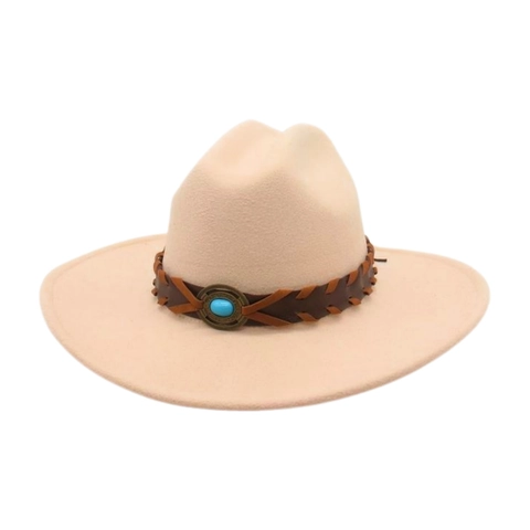 Vintage Western Cowboy Hat Suede Wool Felt Wide Brim Ethnic Turquoise Decorative Leather Band Fedora For Men Women