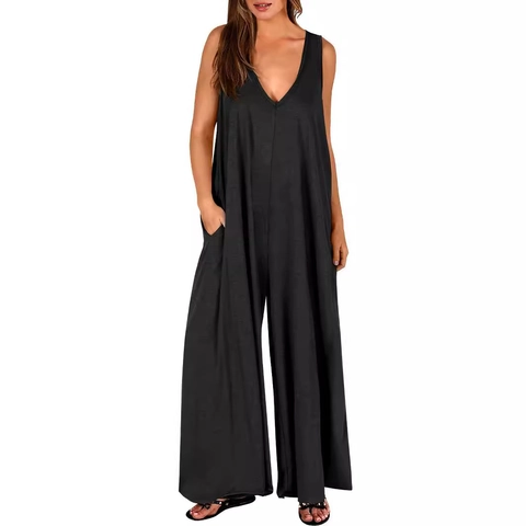 Dames Mouwloze V Hals Jumpsuit Met Wijde Pijpen Polyester Spandex Casual Losse Lange Broek Met Zakken Effen Kleur Zomer