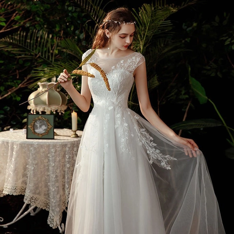 Vestido De Novia Elegante Línea A Encaje Tul Lentejuelas Cuello En V Espalda Descubierta Cintura Alta Para Mujer