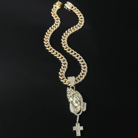 Men Hip Hop Iced Out Praying Hands Cross Pendant Necklace Alloy Rhinestone Cuban Chain Religious Jewelry