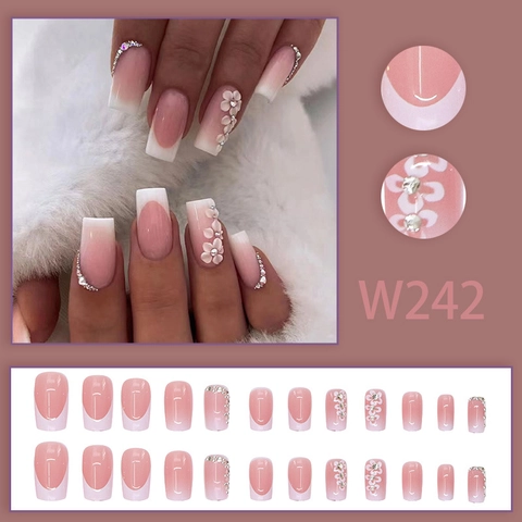 Press On Nails French Ombre Pink White Long Square Textured Flower Rhinestone Elegant Artificial Fingernails For Women