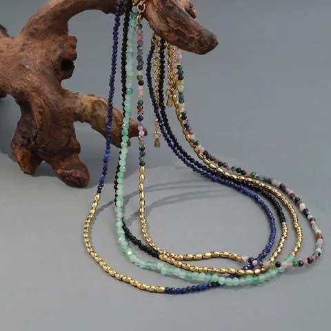 Boho Naturstein Halskette Für Damen Edelstahl Schwarzer Spinell Lapislazuli Turmalin Perlen Choker Vintage Urlaub Schmuck