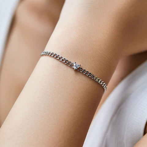 Bracciale In Argento Sterling 925 Per Donna Zircone Cuore Catena Curb Regolabile Gioielli Alla Moda