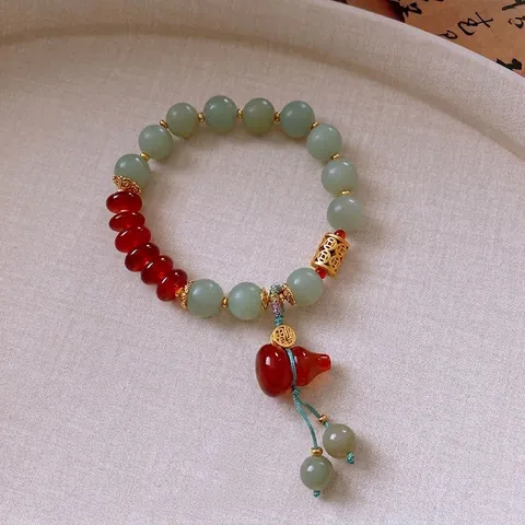 Hetian Jade Agate Beaded Bracelet With Kuke Wood Gourd Lotus Pendant Retro New Chinese Style Zen Jewelry Women