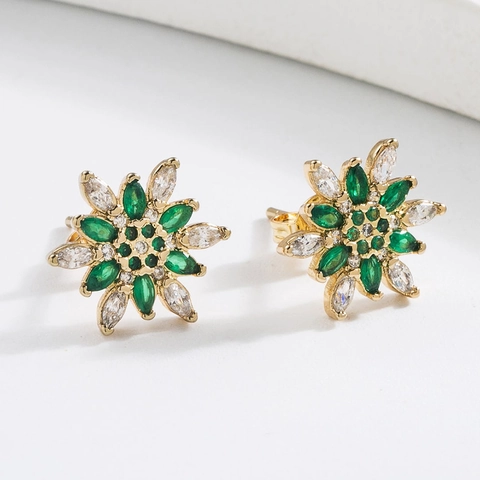 Flower Stud Earrings Copper 18K Gold Plated With Green Clear Zircons Elegant Fashion Luxury Accessories Women