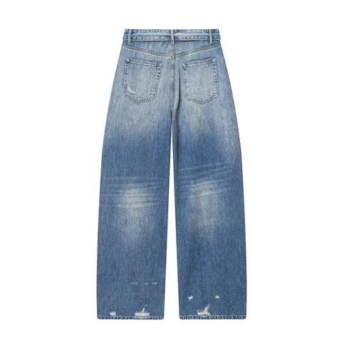Women Distressed Wide Leg Jeans Fold Over Waist Washed Blue Cotton Denim Ripped Straight Pants Casual