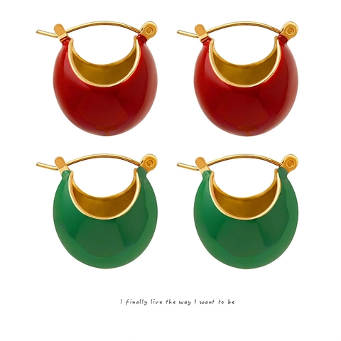 Chunky Hoop Oorbellen Titanium Staal Emaille Druppel Olie C-Vorm Mode Rood Groen Kerst Sieraden Voor Dames