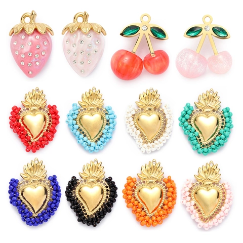 Strawberry Cherry Sacred Heart Charms Pendants Stainless Steel Resin Rhinestone Beaded DIY Jewelry Making Women Girls