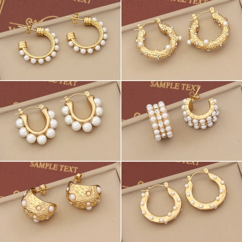 Geometric C-Shape Hoop Stud Earrings Stainless Steel With Artificial Pearls And Rhinestones Vintage Elegant Jewelry For Women