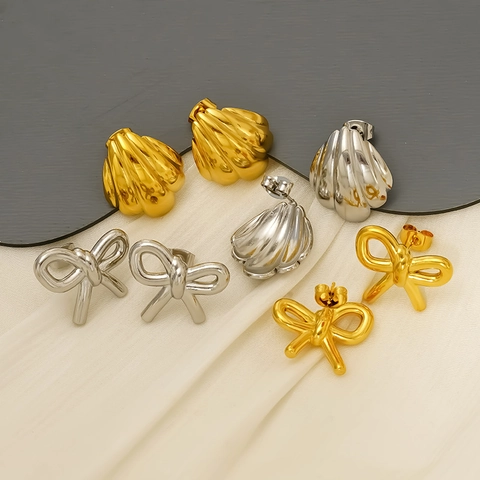 Orecchini A Lobo Con Fiocco E Conchiglia Placcati Oro 18K Acciaio Inossidabile 304 Gioielli Stile Ins Per Donna