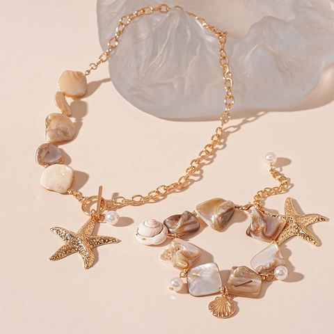 Starfish Pendant Alloy Shell Faux Artificial Pearl Stitching Necklace OT Buckle Ocean Beach Summer Jewelry Gift For Women