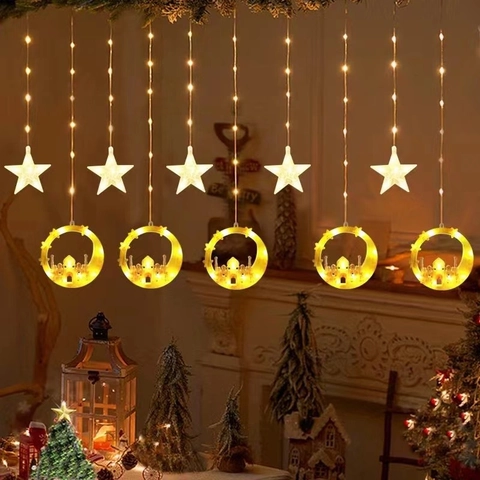 Tenda Luci LED Stella Luna Moschea Pendenti Ramadan Eid Natale Decorazione Interni Luci Stringa