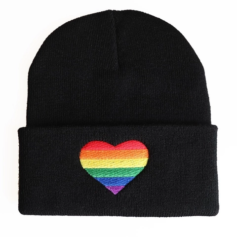 Acryl Beanie Muetze Regenbogen Herz Stickerei Gerippt Warm Winter Strickmuetze Fuer Erwachsene