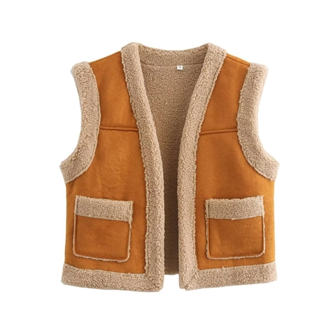 Women Faux Suede Sherpa Vest Sleeveless Fleece Lined Jacket Retro Brown Outwear With Pockets