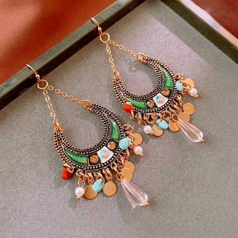 Bohemian Ethnic Moon Tassel Dangle Earrings Alloy Enamel Rhinestone Resin Retro Vintage Jewelry For Women