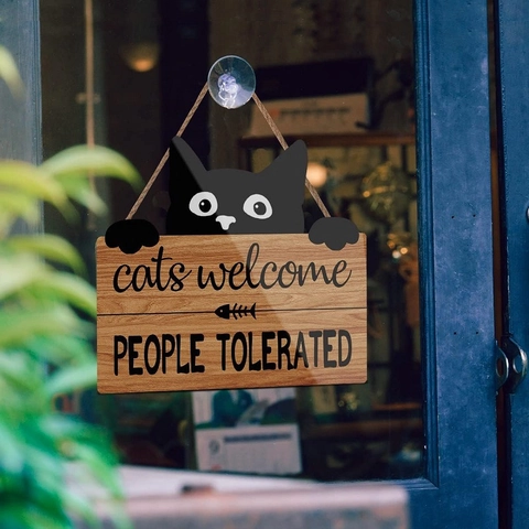 Wooden Hanging Sign Funny Cats Welcome People Tolerated Black Cat Silhouette Wall Decor Pet Lovers Gift