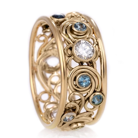 Vintage Palace Style Hollow Filigree Copper Ring Gold Tone With Blue White Cubic Zirconia Elegant Jewelry For Women