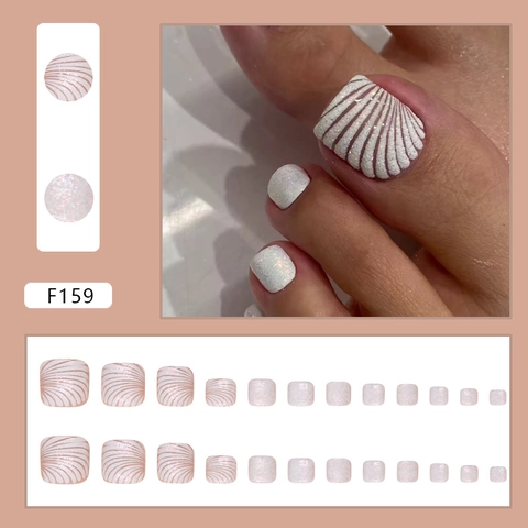 Uñas Postizas Para Pies Blancas Brillantes Patrón Concha Textura 3D Uñas Removibles Para Mujer Estilo Océano Verano