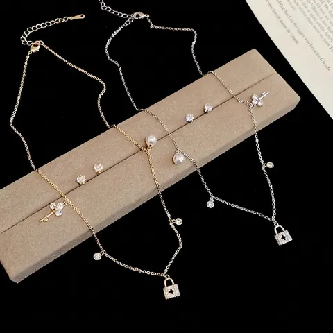 Collana E Orecchini Con Serratura E Chiave Rame Zircone Perla Artificial Imitazione Con Silver Earring Post Catena Clavicola