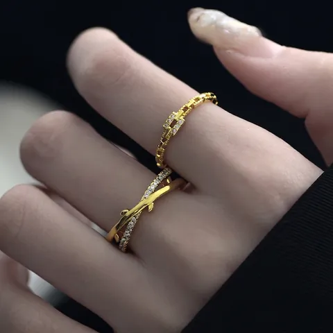 Minimalist Crossover Branch Open Ring Copper Cubic Zirconia Geometric Chain Adjustable Finger Jewelry For Women