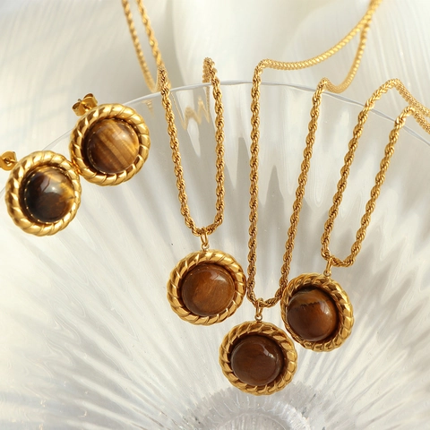 Collar Y Pendientes De Piedra Ojo De Tigre Vintage Acero Inoxidable Joyas De Cuerda Retorcida Para Mujeres Estilo De Lujo Francés