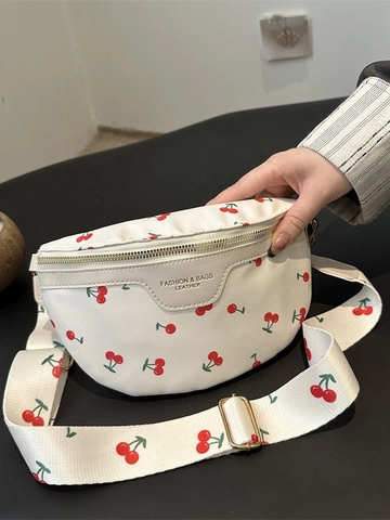 Women Cherry Print Belt Bag PU Leather Chest Pack Fashion Crossbody Bag With Adjustable Wide Strap Gold Zipper