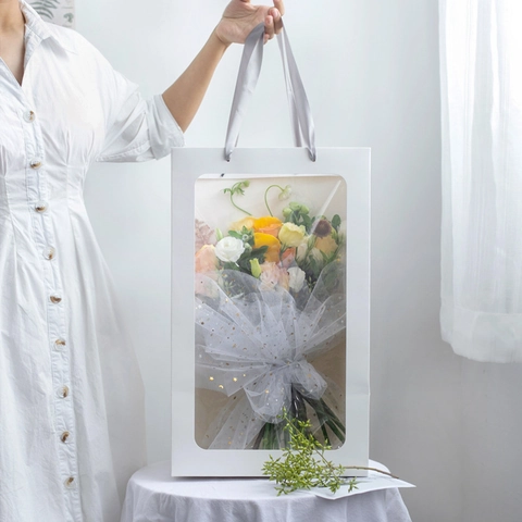 Portable Flower Packaging Bags With Transparent PVC Window Cardstock Gift Wrap Handheld Tote For Bouquets Toys Elegant