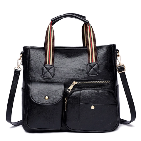 Sac Cabas Rétro En Cuir PU Pour Femmes Grande Capacité Sac À Main Multi Poches Avec Poignées Web Rayées Et Bandoulière