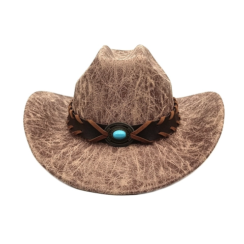 Chapeau De Cowboy Occidental Vintage Polyester Texture Cuir Craquelé Ceinture Tressée Perle Turquoise Fedora Unisexe