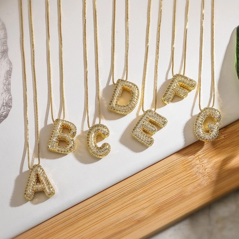 Initial Letter Necklace For Women Gold Plated Stainless Steel Puffy Bubble Alphabet Pendant Shiny Zircon Box Chain Jewelry