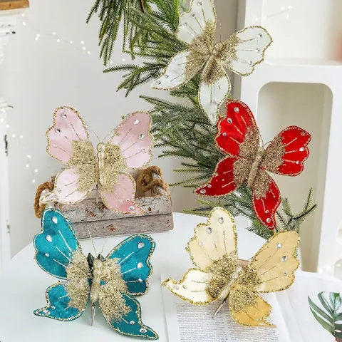 Glitter Butterfly Christmas Tree Ornaments Sparkling Rhinestone Fabric Decor With Metal Clips For Festive Holiday Home Decor