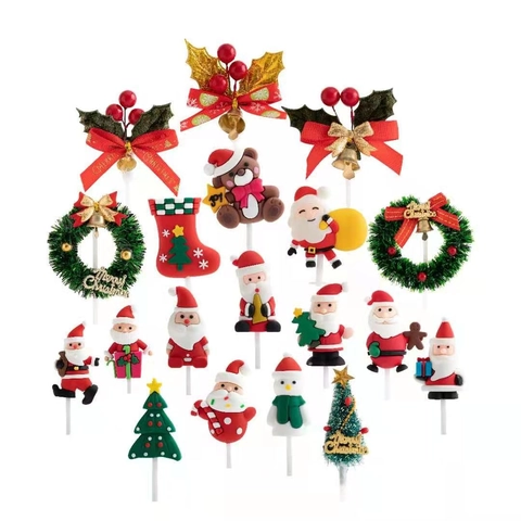 Christmas Cake Topper Ornaments Santa Reindeer Wreath Bell Glitter Bow Plastic Party Decorations Dessert Decor