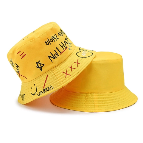 Graffiti Print Bucket Hat Baumwolle Streetwear Hip Hop Sonnenschutz Fischerhut Für Reisen Herren Damen