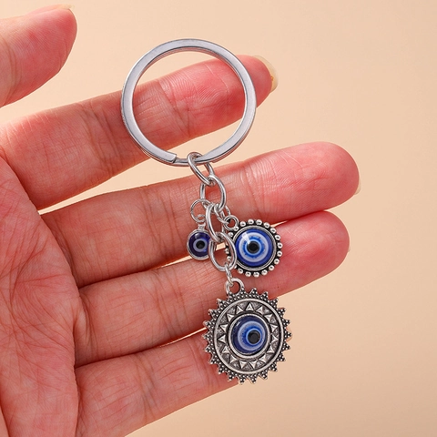 Vintage Hip Hop Evil Eye Hamsa Hand Sun Metal Keychain Rhinestone Enameled Bag Pendant Car Key Ring Accessory Jewelry Gift
