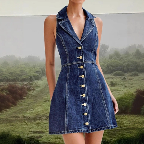 Vestito Mini In Denim Senza Maniche Retro Donna Scollo A V Con Bottoni Vestibilità Aderente Linea A Estate Blu
