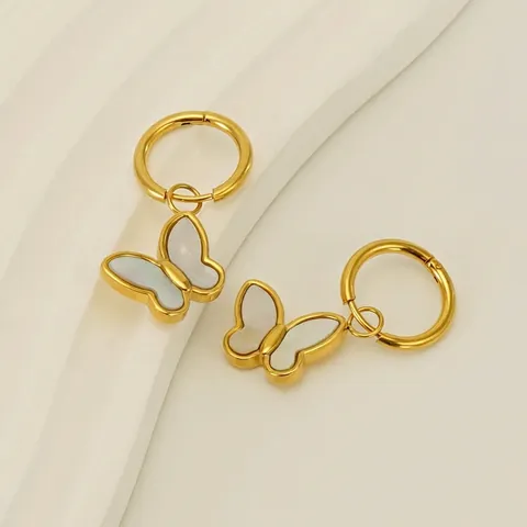 Pendientes De Aro Con Colgante De Mariposa Chapados En Oro De 18K Acero Inoxidable Con Incrustaciones De Concha Blanca Joyería Para Mujer