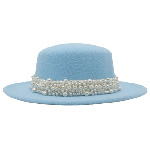 Elegant French Retro Flat Top Wool Felt Hat With Artificial Pearl Bead Strap Wide Brim Sunshade Fedora For Women