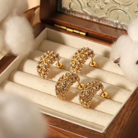Roestvrijstalen C-Vormige Oorbellen 18K Verguld Imitatieparel Inlay En Zirkonia Hoop Stud Oorbellen Voor Dames Mode