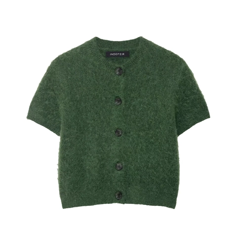 Women Short Sleeve Knitted Cardigan Mohair Texture Round Neck Button Up Solid Green Fashion Casual Soft Fuzzy Top