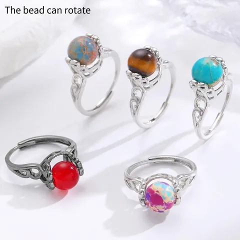 Vintage Copper Open Ring Rotating Natural Stone Bead Bohemian Hollow Adjustable Finger Ring For Women Fidget Jewelry Gift