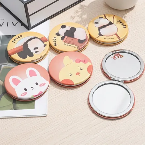 Round Portable Makeup Mirror PU Leather Folding Mirror Travel Pocket Cartoon Animal Panda Rabbit For Women Girls