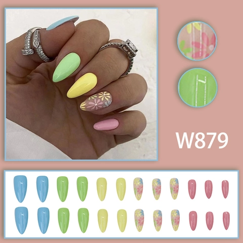 Medium Long Almond Press On Nails ABS Plastic Multi Color Sunflower Daisy Print Sweet Cute Summer Style For Women