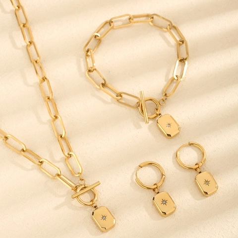 Minimalistisch Titaniumstaal Ster Hanger Sieradenset Vrouwen Goud Paperclip Ketting OT-Sluiting Ketting Armband Oorbellen